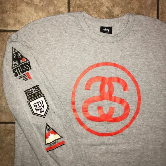 Men's Stussy Logos Long Sleeve Gray T-shirt -Size: XL - Picture 4 of 10